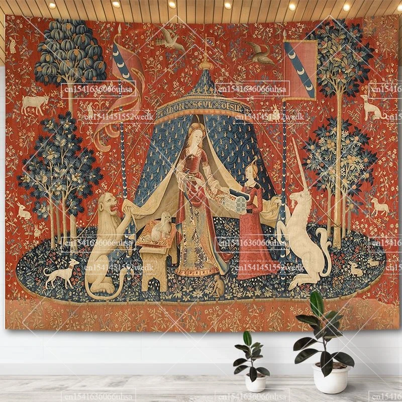 Lady And The Unicorn Tapestry Medieval Tapestry Wall Hanging Printed Home Decor Tapestries Background Room Covering For Bed