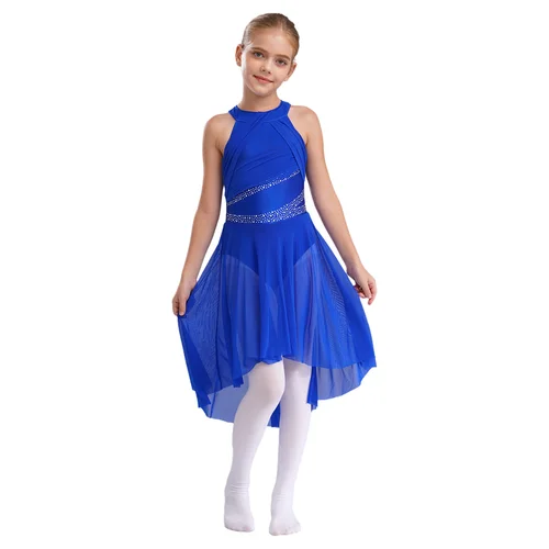 Imagen 2 del producto Vestido de baile lírico moderno para niñas, sin mangas, con diamantes de imitación brillantes, Leotardos de gimnasia y Ballet, disfraz de actuación de patinaje artístico