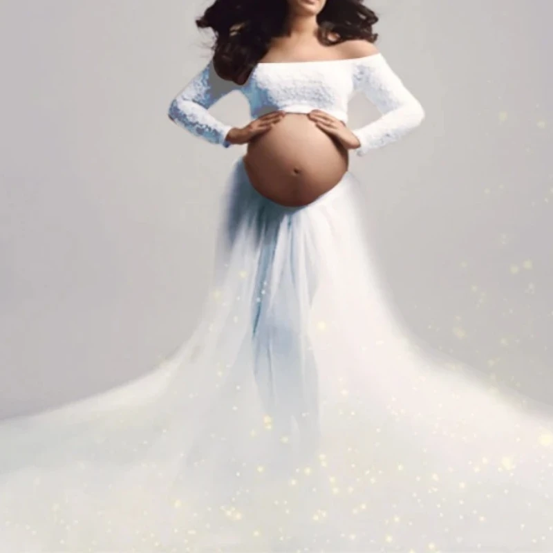 Maternity Sexy One Shoulder Front Slit Long Sleeved Dress for Pregnant Women Photo Photography Dress Ladies Dess Wedding Party