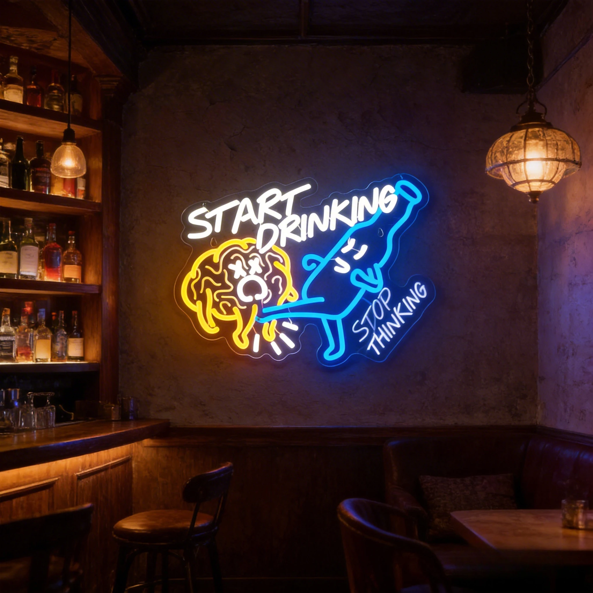Start Drinking Stop Thinking Neon Sign – USB LED Light for Bar, Home, Man Cave, Pub Wall Decor & Business Gift
