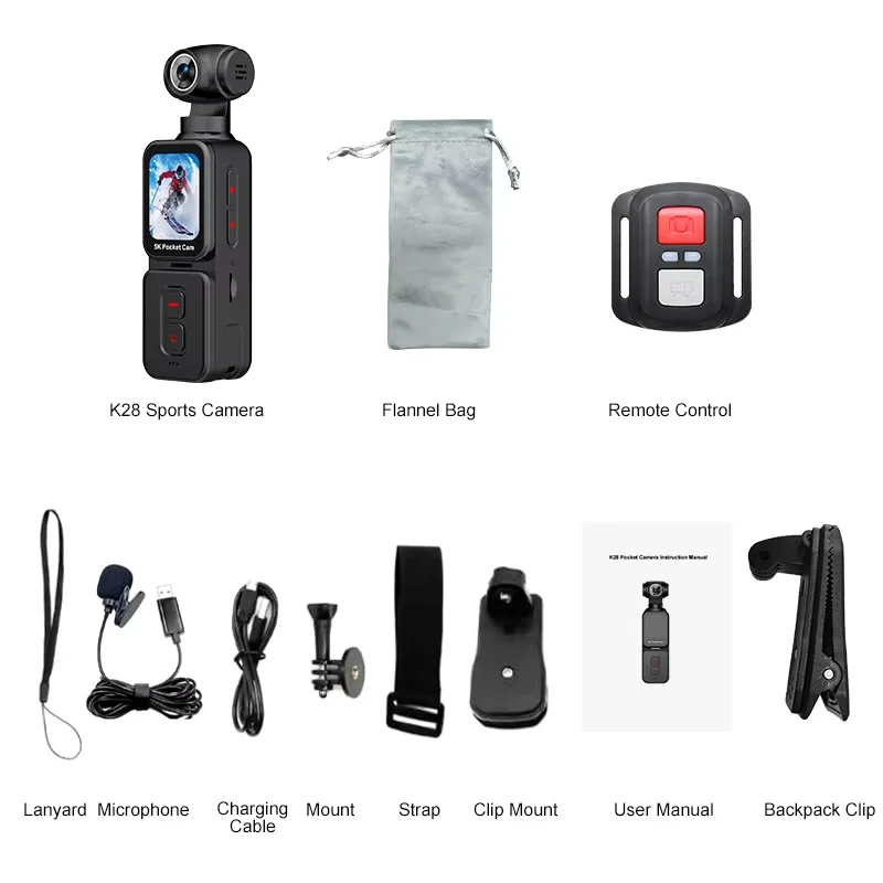 K28 5K Ultra Clear Handheld Action Camera 1.69-inch Face Recognition Automatic 270°Rotating Lens Follow Shot Sports Thumb Camera