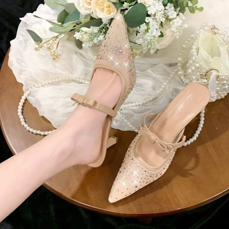 

Women's Solid Color Pointed Toe Elegant High Heel Slippers 2026 Summer New Mesh Rhinestone Decorated Breathable Slippers