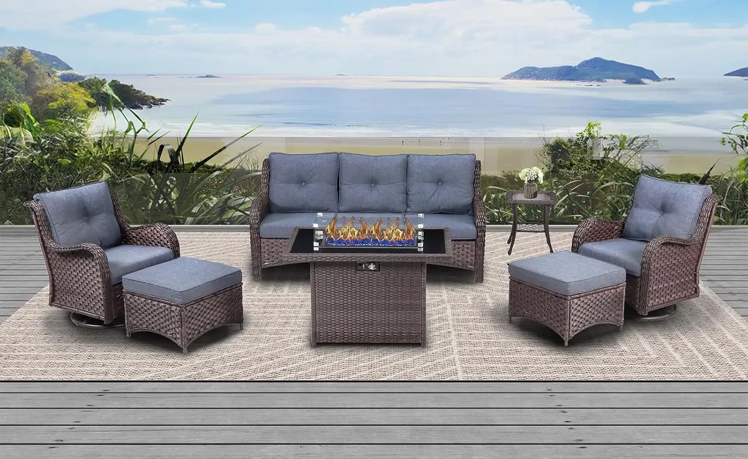 

7 Pieces Outdoor Patio Furniture with Fire Pit Table, Rattan Wicker Sectional Swivel Rocker Chairs Sets with Ottomans