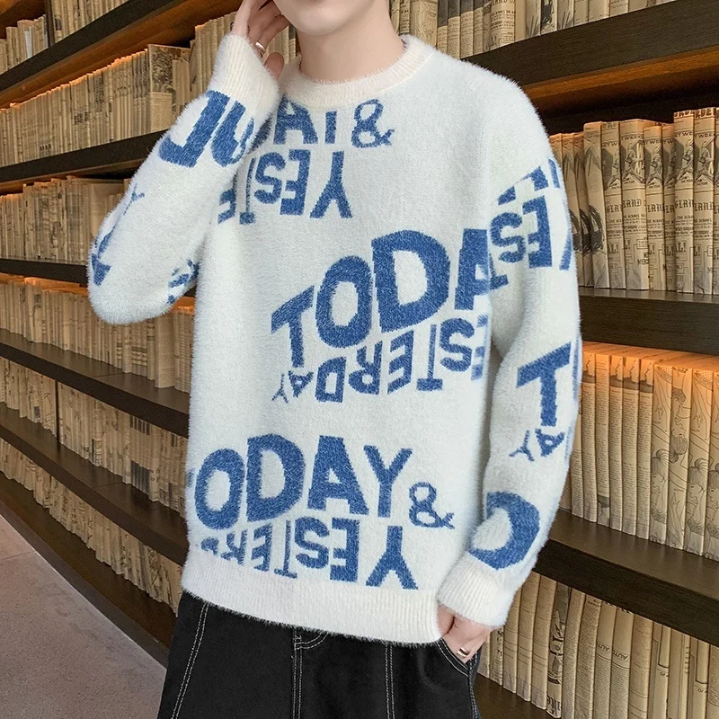 New Winter Korean Fashion Letter Print Sweater Men Streetwear Mink Cashmere Pullovers High End Soft Warm Mens Christmas Sweaters