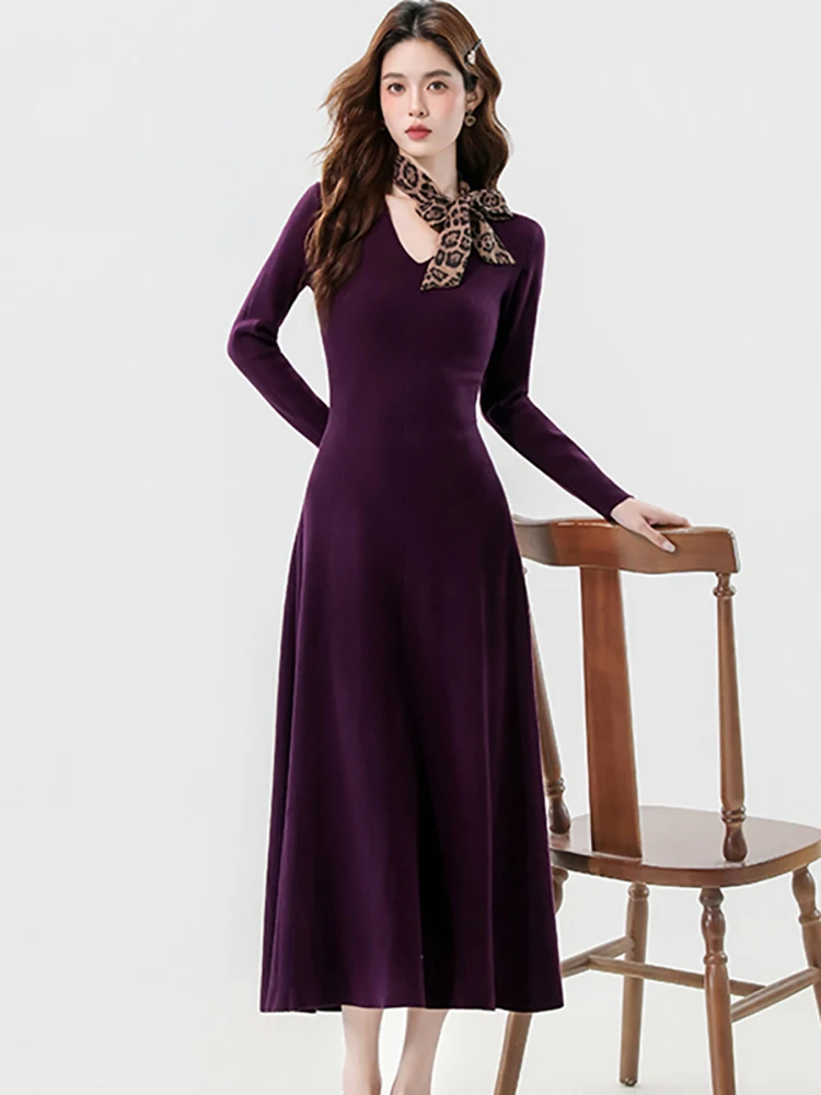 

Women Solid Knitted Long Sleeve V-Neck Dress Autumn Winter Elegant Ruffled Maxi Dress 2025 Korean Fashion Bodycon Evening Dress
