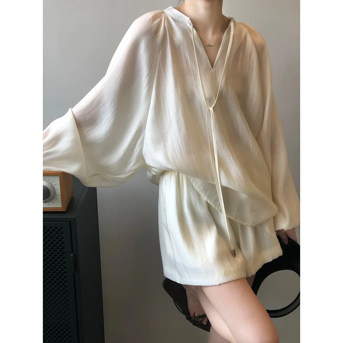 

French style white women's shirt, casual lace up sunscreen set for women's summer long sleeved women's shirt, wide leg shorts