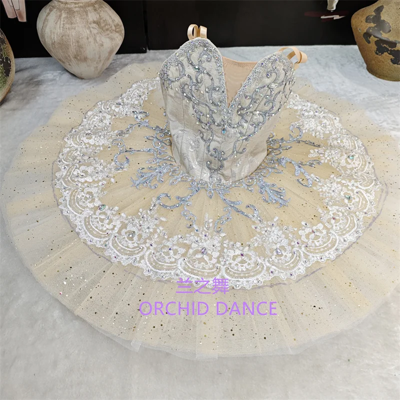 Womens Thin Strap V Neck Ballet Tutu Performance Dress Silver Rhinestone Vine Scroll Embroidery Double Wavy Lace Trim Light Apri