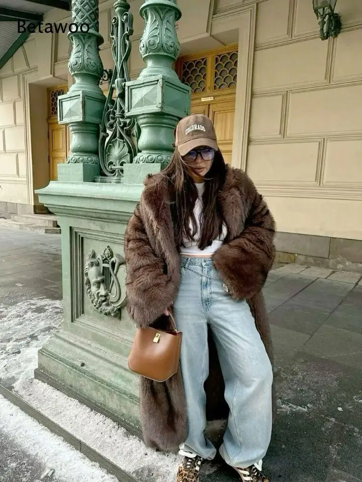 Fox Fur Coat Women Long Sleeve Fluffy Warm Winter Outerwear for Women Casual Party Streetwear