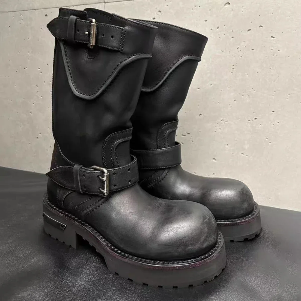 

Fashion Men's Genuine Leather Motorcycle Boots Mid-Calf Thick-soled Big Head Women Belt Buckle Height Increasing Biker Boots