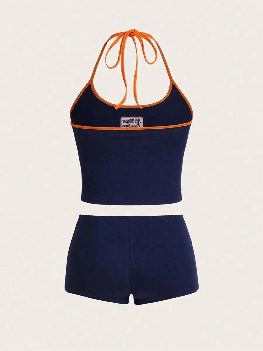 

Womens Y2K Halter Top And Low Waist Shorts Set Blue Orange Trim
