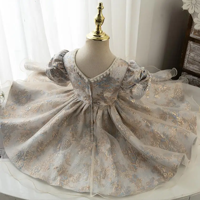 Girls Spanish Floral Pearls Ball Gown Baby Lolita Princess Dresses Infant Birthday Christening Dress Girl Boutique Clothes A1176