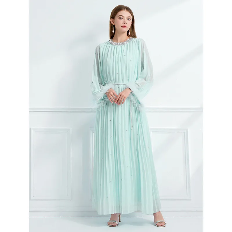 Herfst 2025, handgemaakte diamanten verfraaide struisvogelveren lange Sve geplooide hoge taille Street Sle dames Dr Thi stof