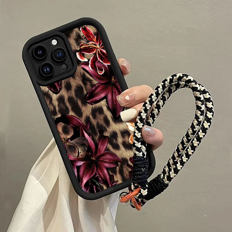 Lily Leopardenmuster Handyhülle mit Trageriemen für iPhone 12 13 14 15 16 17 ProMax 15 14 13 Pro Plus Stoßfeste Matte Silikonhülle – Detail 2