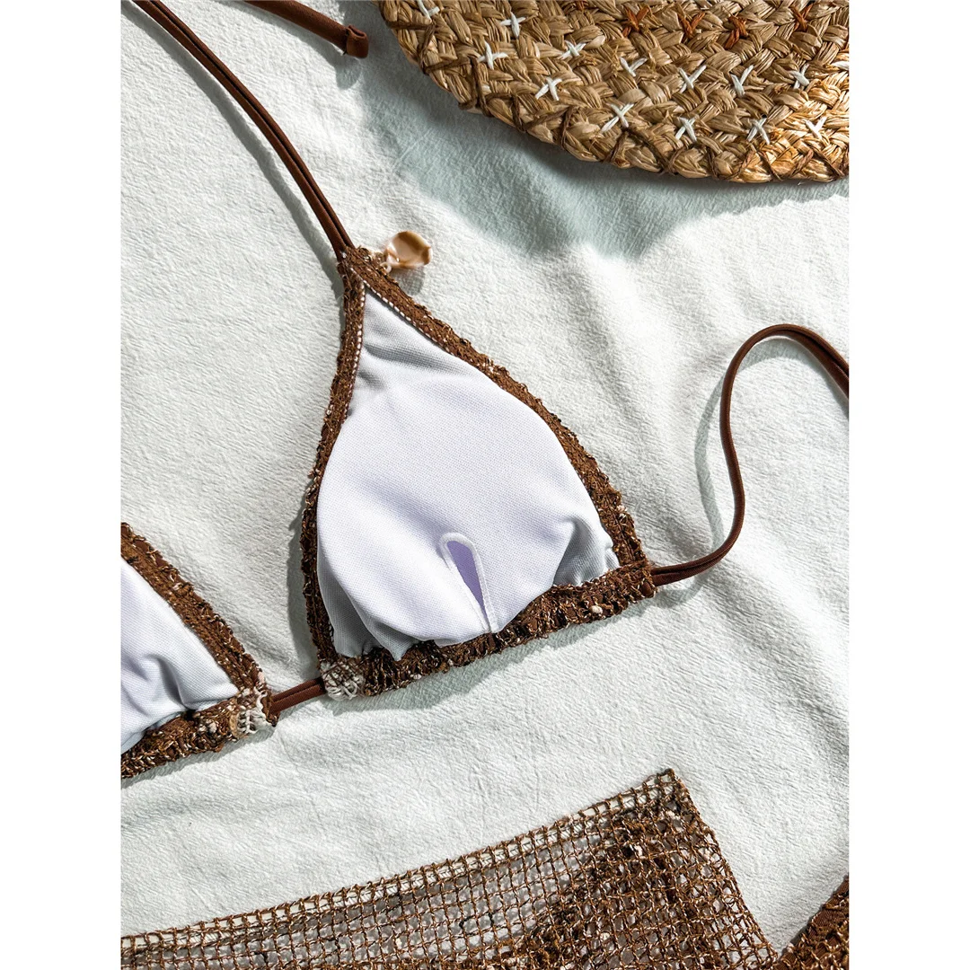 Mit Rock, gewelltem Ausschnitt, Neckholder-Bikini, Damen-Badebekleidung, dreiteiliges Bikini-Set, gepolsterter Badeanzug, Badeanzug, Schwimmanzug V8482 – Detail 7