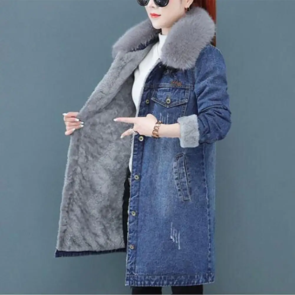 Cappotto invernale in pile di jeans da donna collo grande peloso tasche con patta di media lunghezza Cardigan caldo e spesso giacche Casual da donna