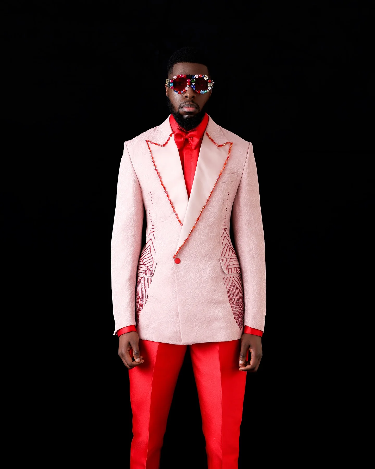 Pink Jacquard Men Suits Set 2 Pcs Crystals Blazer+Orange Pant Trousers Wedding Tuxedo Cotton Formal Office Groom Prom Jacket