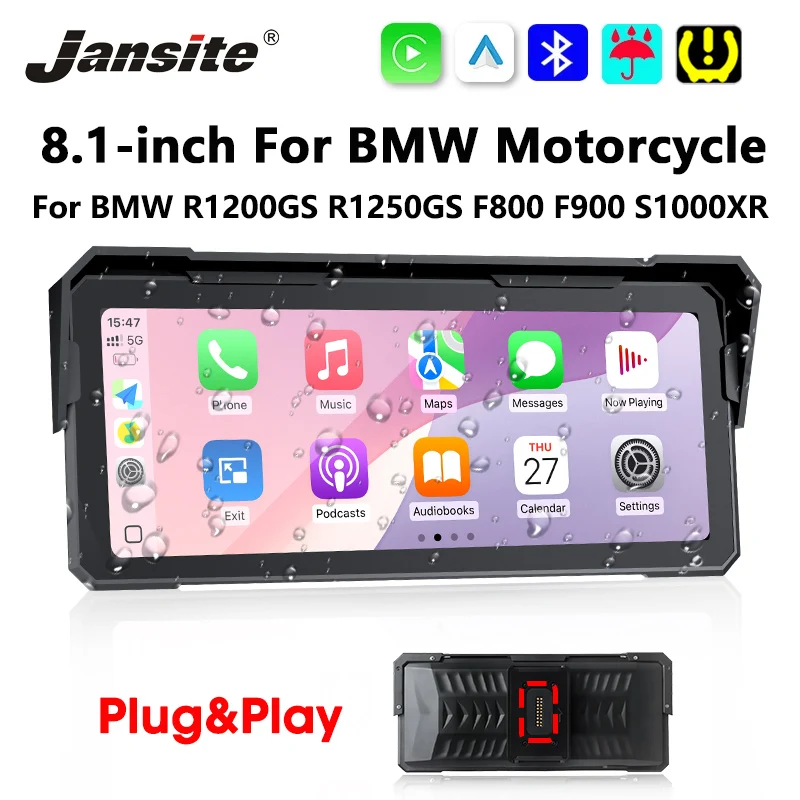 Jansite 8.1 inch Motorcycle Monitor GPS Navigation For BMW R1200GS R1250GS F800 F900 S1000XR Wireless CarPlay Android Auto BT