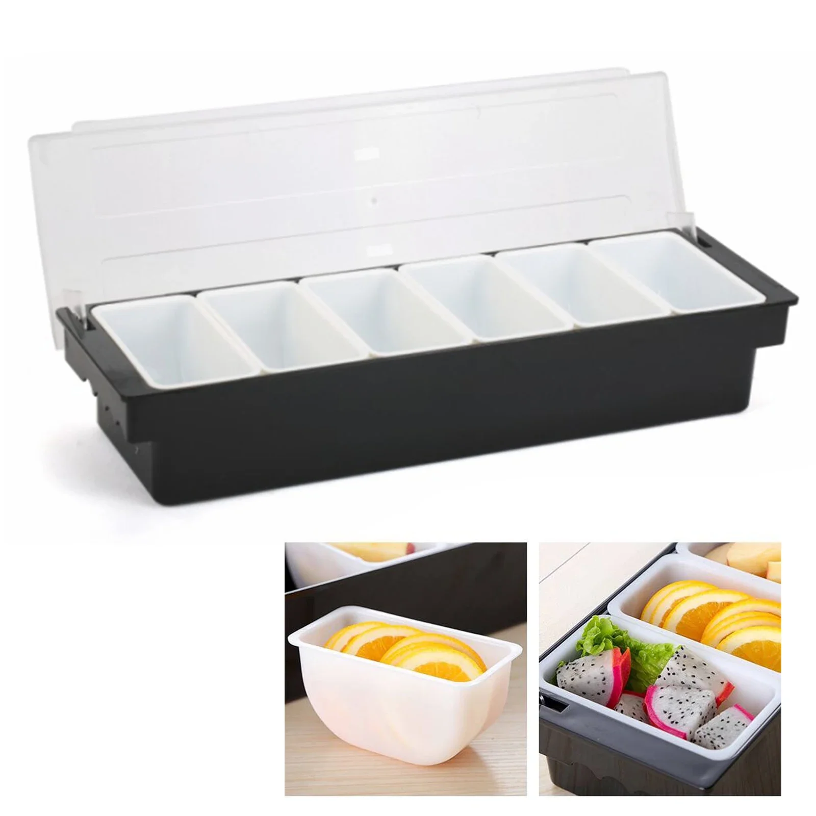 Boîte à fruits noire à 6 compartiments de 200 ml, conteneur pour ingrédients, cocktails et boissons, conteneur pour ingrédients de pizza avec couvercle transparent, organisateur alimentaire avec couvercle