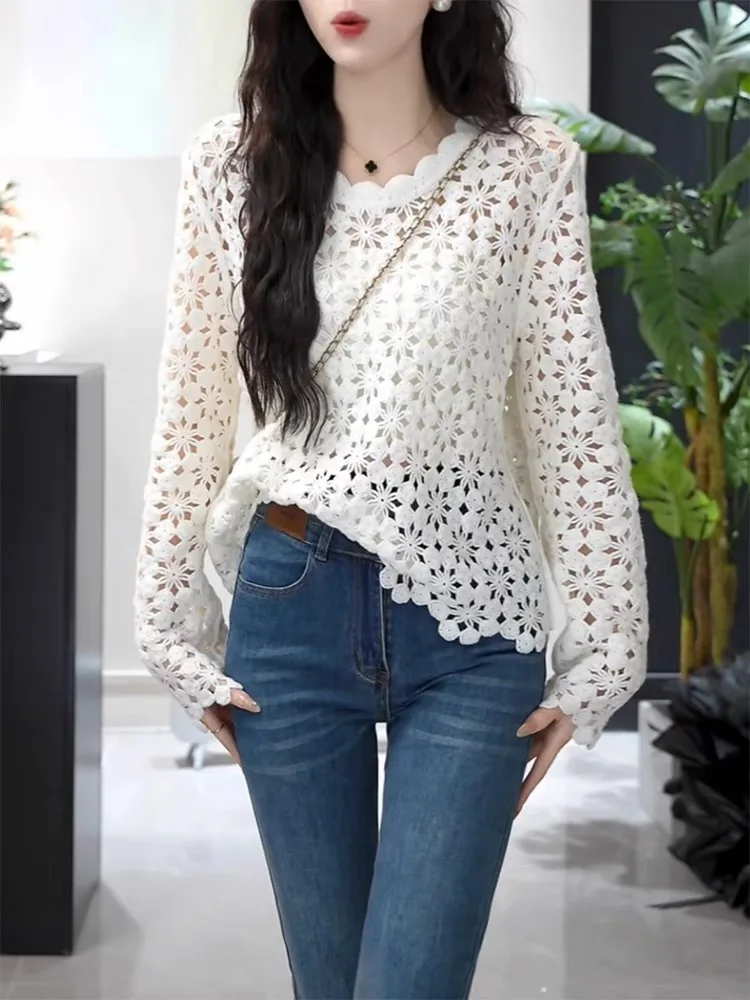 

Lace Crochet Hollow Knitted Sweater Tops Shirt 2024 New Long-sleeved Loose Thin Harajuku Goth Crop Top Y2k T Shirt