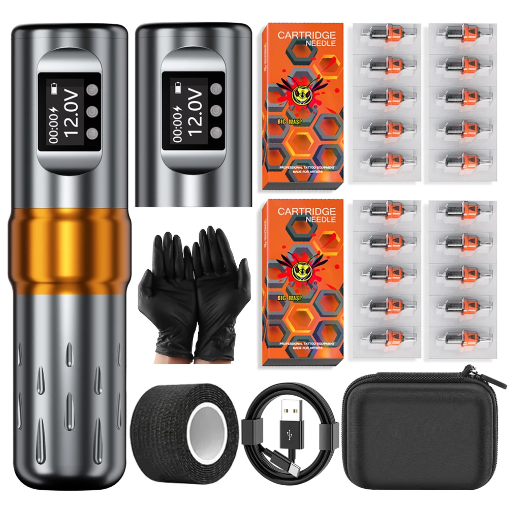 

BIGWASP Rotaty Tattoo Machine Kit 1800 мАч с двумя батареями, беспроводная ручка для татуировки с 20 шт., одноразовый силиконовый картридж, игла для татуировки