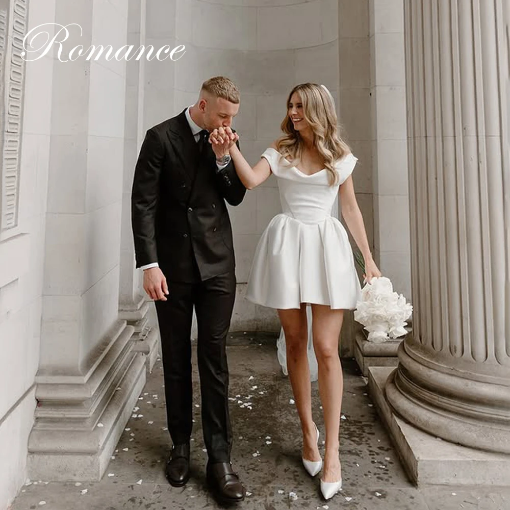 ชุดแต่งงานทรงเอไลน์แบบสั้นเปิดไหล่ ดีไซน์จีบสมัยใหม่ คอวี เปิดหลัง สำหรับผู้หญิง ปี 2025 ชุดเจ้าสาวแบบสั่งตัดได้