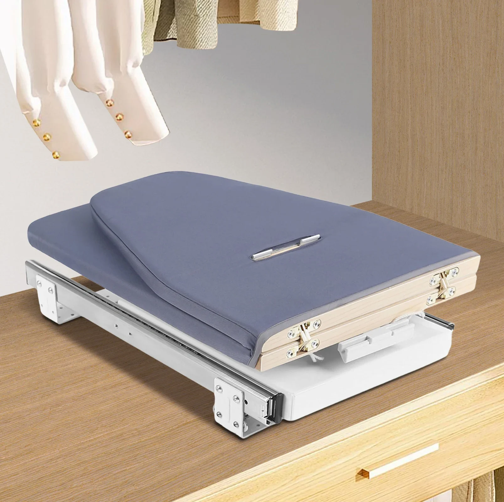 Gray Folding Ironing Board & Embedded Wardrobe Ironing Table - 45kg Capacity, 180° Rotation, Silent Track for Space-Saving