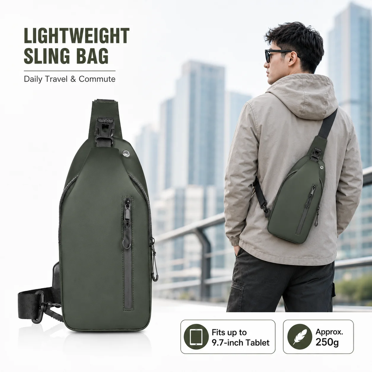 City Commute Sling Bag for Men, Lightweight Crossbody Chest Bag with Multi-Pocket Storage for Travel and Cycling