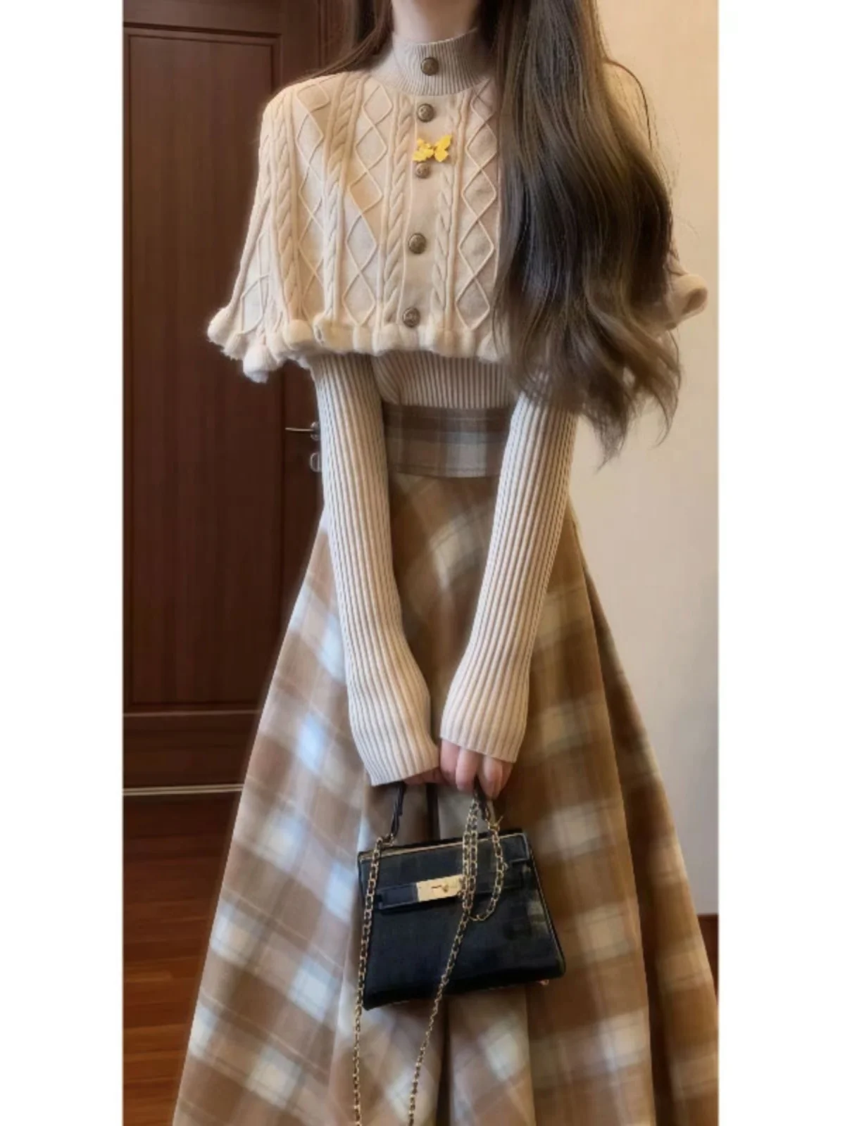 

Retro High-End Looking Cowl Ne Sweater Plaid Skirt Two-Piece Set Korean Sle Clete Spring Outfit Long Sve Cotton