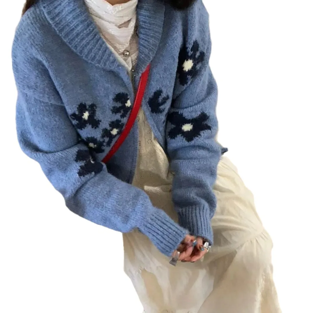 เสื้อคาร์ดิแกนไหมพรมผู้หญิง สไตล์ลำลอง แจ็คเก็ตไหมพรมติดซิป แต่งผ้าแจ็คการ์ด แขนยาว ปกพับได้ ทรงหลวม เหมาะสำหรับใส่ทำงาน ฤดูใบไม้ร่วง 2025