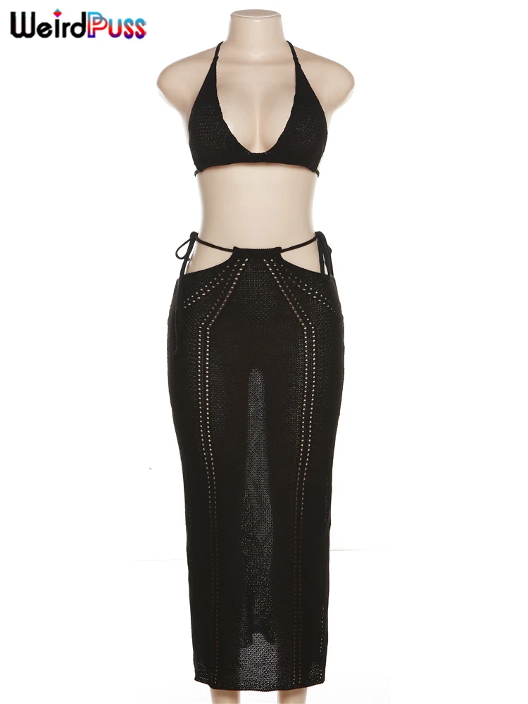 

Weird Puss Crochet Summer Women 2 Piece Set Elegant Vacation Trend Halter Camisole+Hollow Bandage Skirts Clubwear Matching Suits