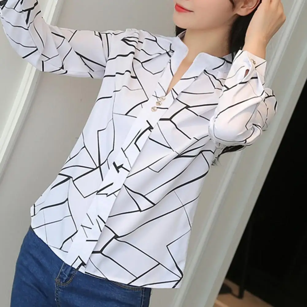 

Autumn Top Long Sleeve Office Shirt Fashion Irregular Geometry Print Shirt Blouse