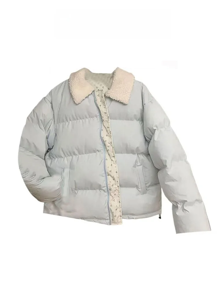 

Blue Floral Patchwork Thiened Cotton Jaet Women's Winter New Sle Loose Bread Sle Warm Coat Korean Version Long Sve