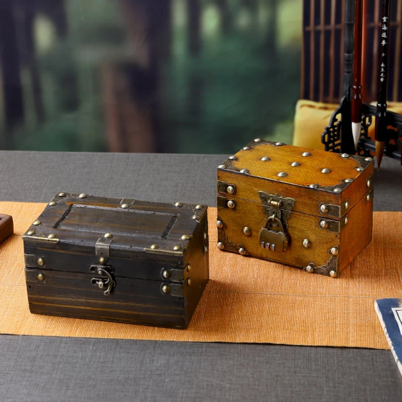 Vintage Wooden Pirate Treasure Chest  Small Antique Color Jewelry Trinket Box With Locks Party Favor Decor Coin Box Treasure Box