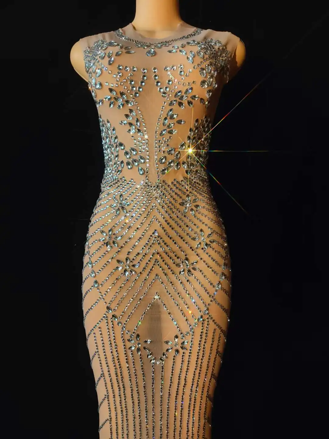 Damska sukienka bez rękawów z błyszczącymi kryształkami, prześwitująca, błyszcząca sukienka na przyjęcie urodzinowe Queen Stage Wear wieczorowy bal 2025