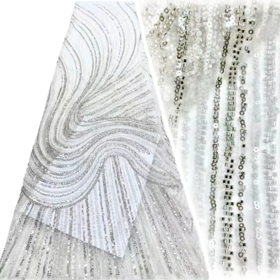 

Newest African Groom Beaded Lace Fabric High Quality French Nigerian Sequin Lace Fabric for Bridal Wedding Dress Sewing 2560