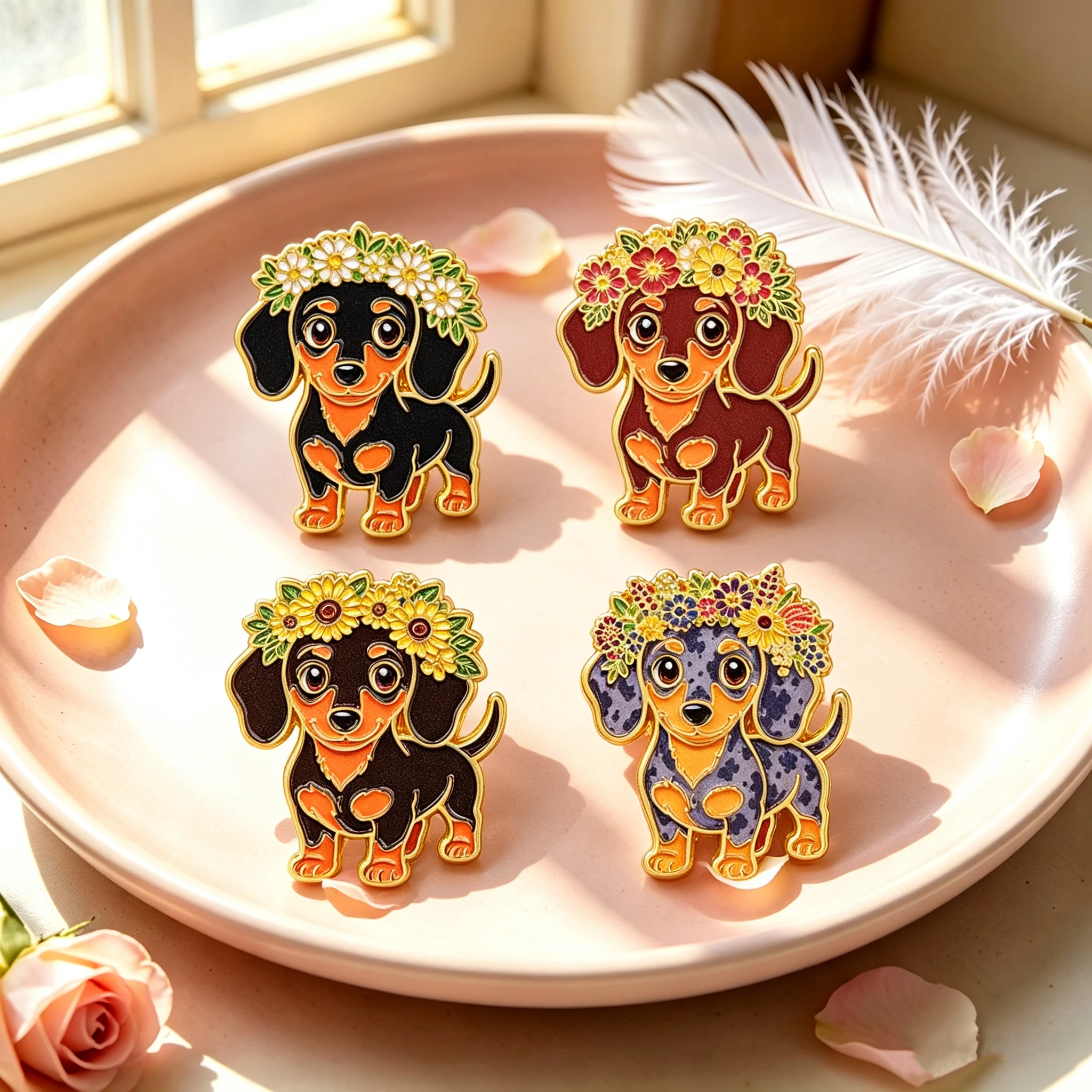 4pcs Funny Dachshund Enamel Pin Set Pretty Flower Puppy Brooches Woman Men Backpack Accessories Bags Badge Lapel Jewelry Gifts