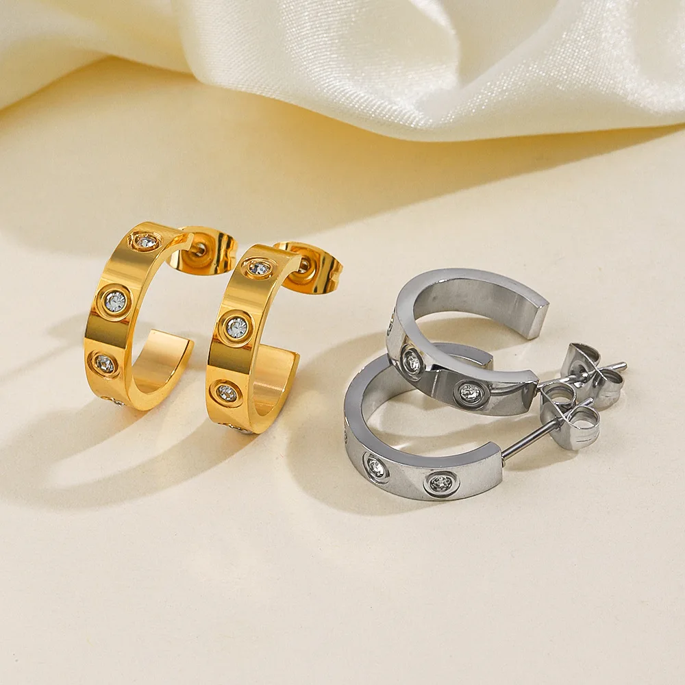 Classic Circle with Zircon Stud Earrings for Women New Trend Luxury Stainless Steel Ear Earring Jewelry Wedding Party Gift
