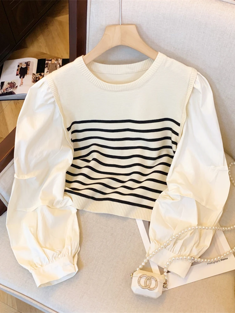 

Korean Fashion Long Sleeved Women's Fake Two-Piece Knitted Patchwork Striped Shirt Top Autumn New Women Loose Versatile Shirt