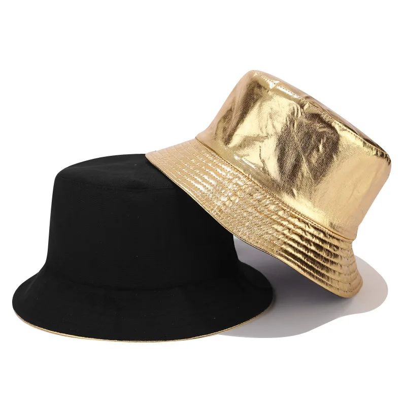 Faux Leather Reversible Bucket Hat Fashion Waterproof Fisherman Hats For Men Women Gold Silver Black Fishing Cap Sun Hat