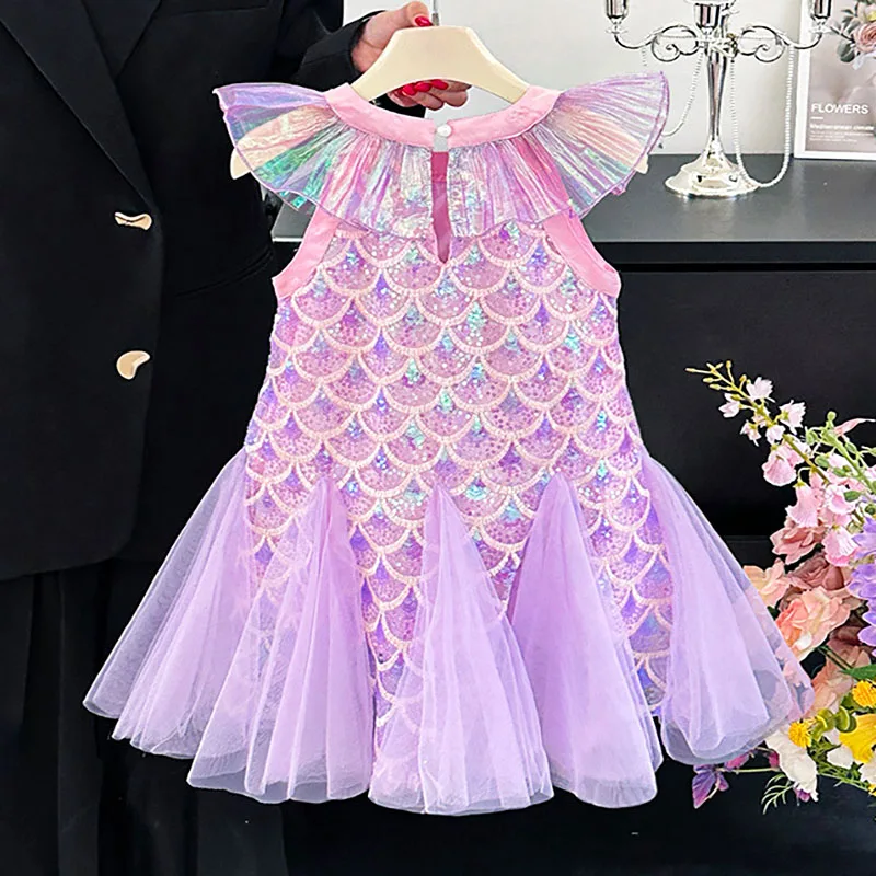 Sequins Mesh Dress For Girls Kids Summer Dress Children Fishtail Gauze Skirt For Party Night Graduation Ceremony Birthday Prom