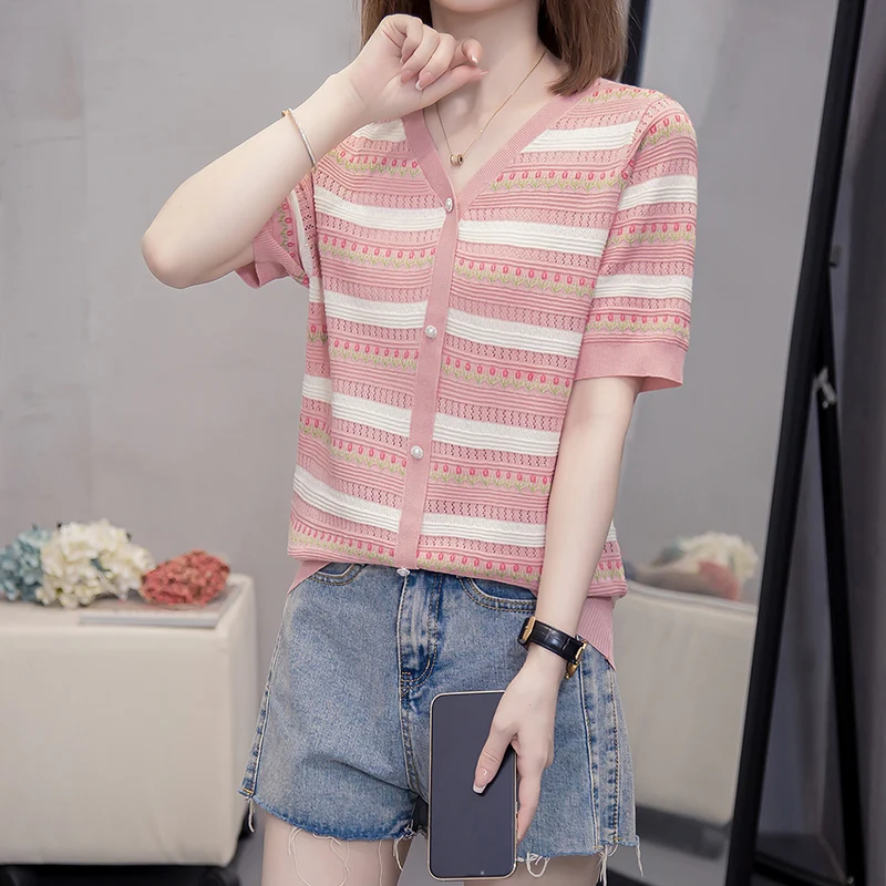 Summer Hollow Striped Knit Sweater Tops Women Pullover 2024 New Fashion Elegant Chic Ladies Knitwear Short Sleeve V-neck Jumper