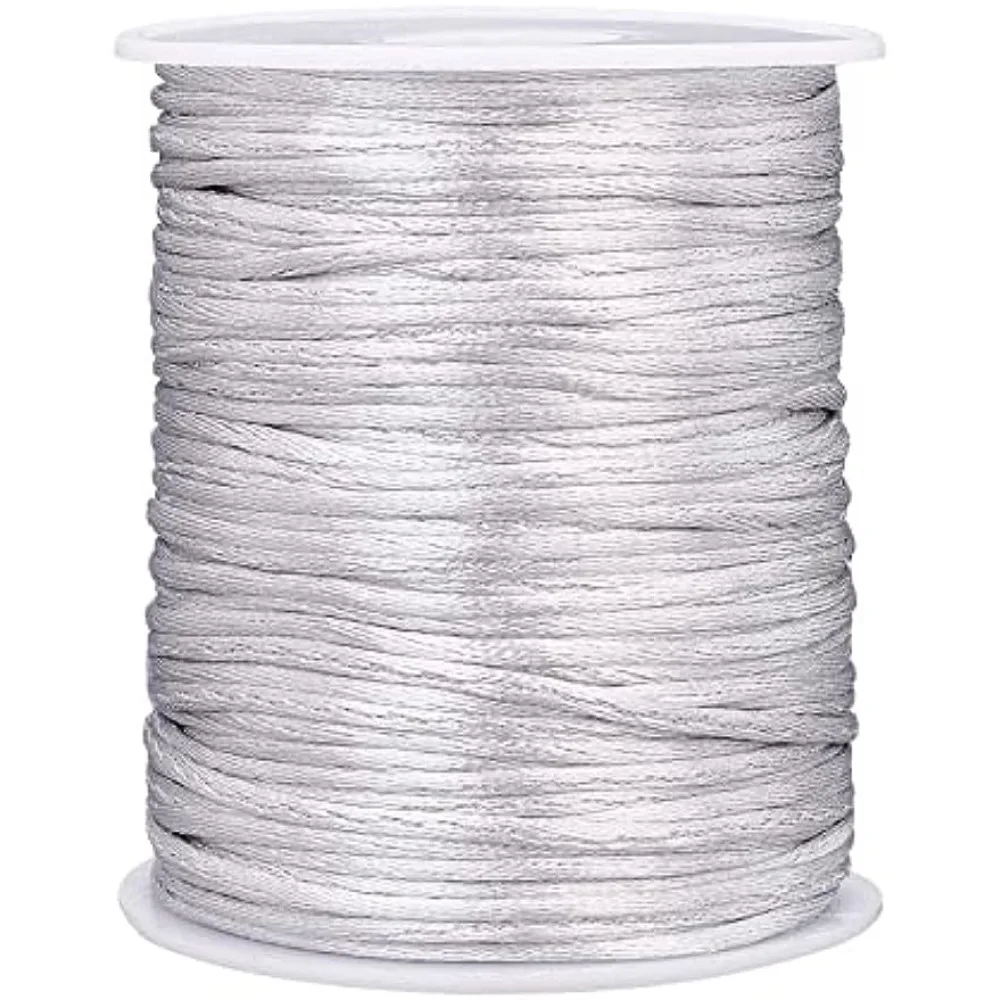 106 Yards Rattail Satin Cord, 2mm Silver Silk Crafts Cords Beading String for Necklace Macrame Friendship Bracelet Chinese