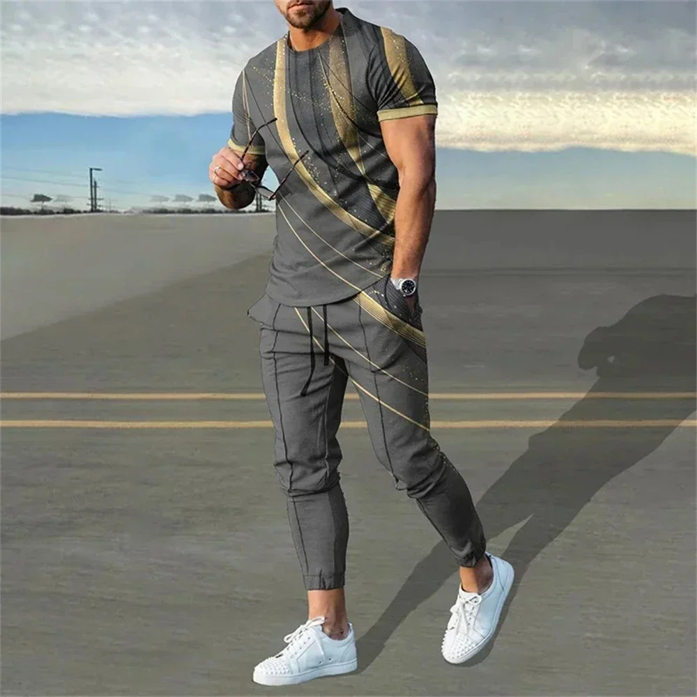 Summer Men\'s Tracksuit Sets Trousers 2 Piece Set Striped Printed Short Sleeve T Shirt+Long Pants Streetwear Trend Male Clothing