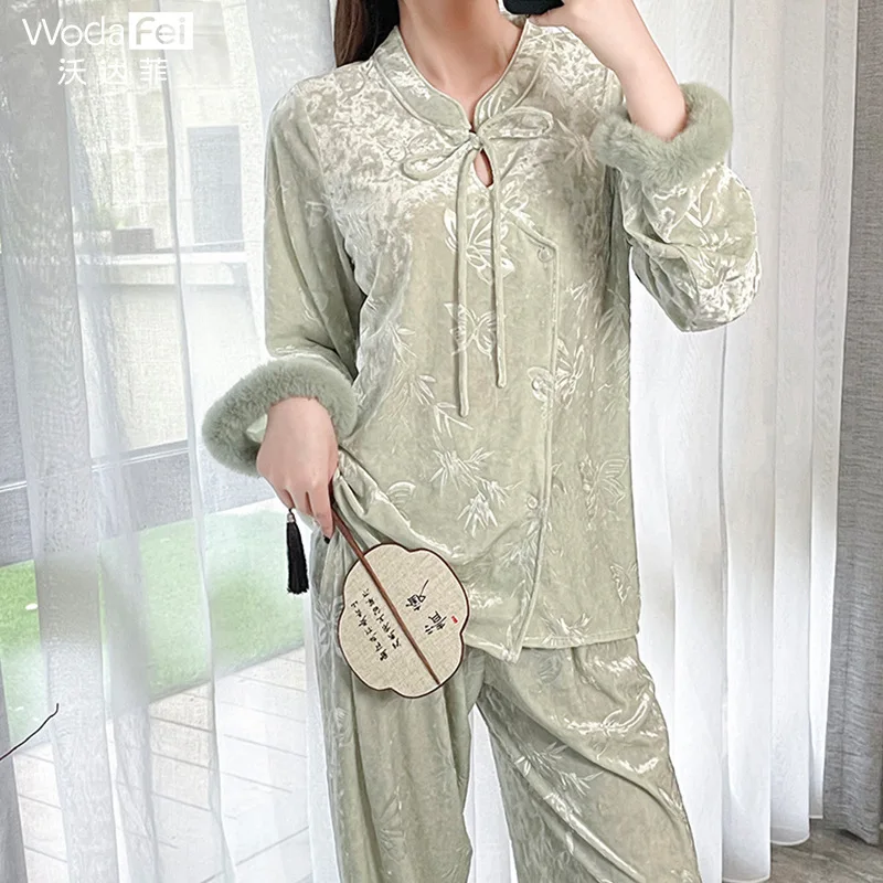 New Chinese Style Velvet Pajamas for Autumn and Winter High-end Home Wear Long Sleeves Two Piece Set Pajamas