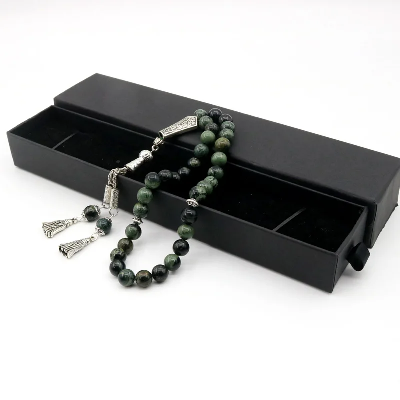 Arab 51 Tasbih Agate Green Bracelet 33 Beads Natural Stone Muslim Tasbeh Tassel Men's Jewelry Misbaha Gift