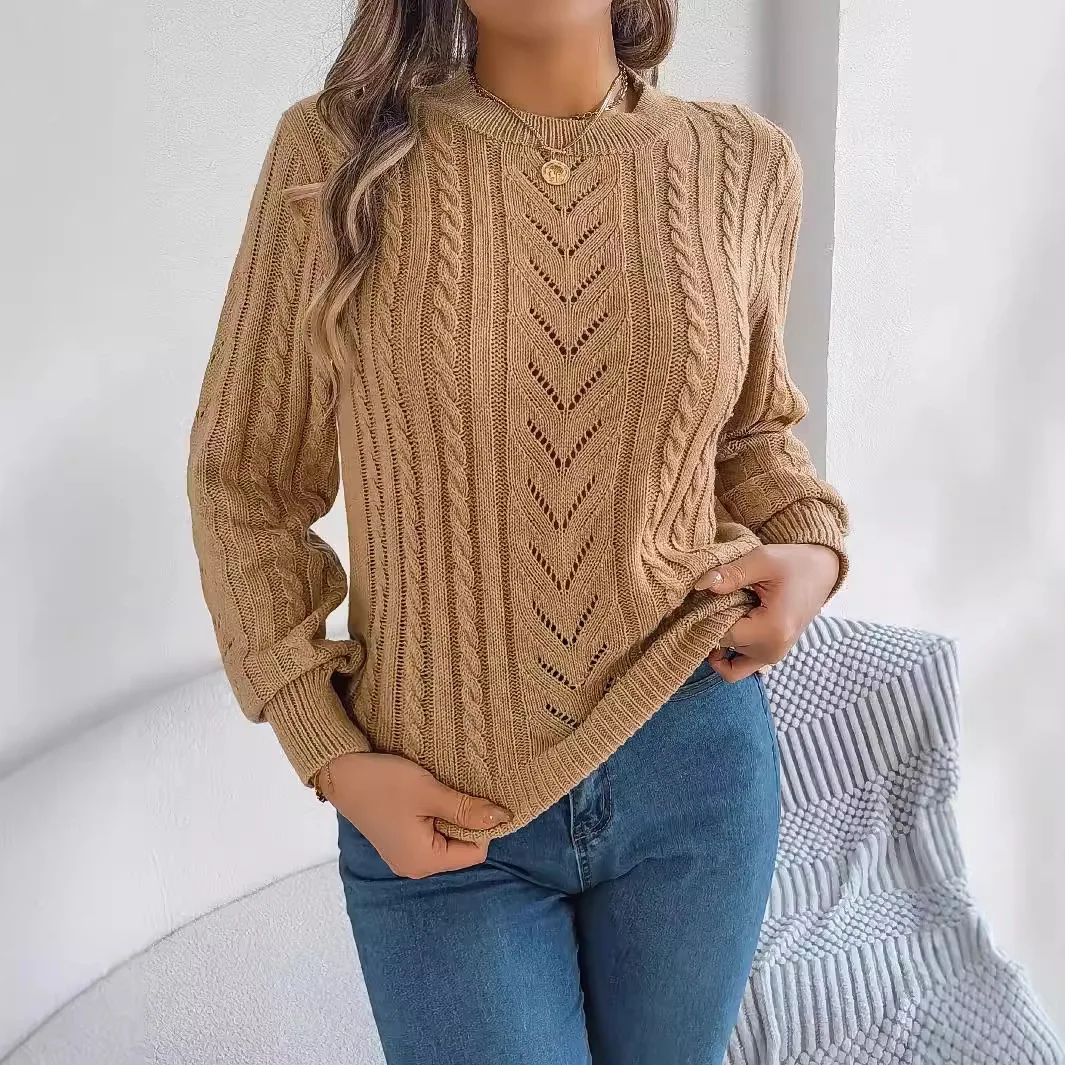 Europe and America Leisure Solid Color Hollow-out Lantern Sleeve Sweater,Round Neck Pullover Sweater for Autumn and Winter Women