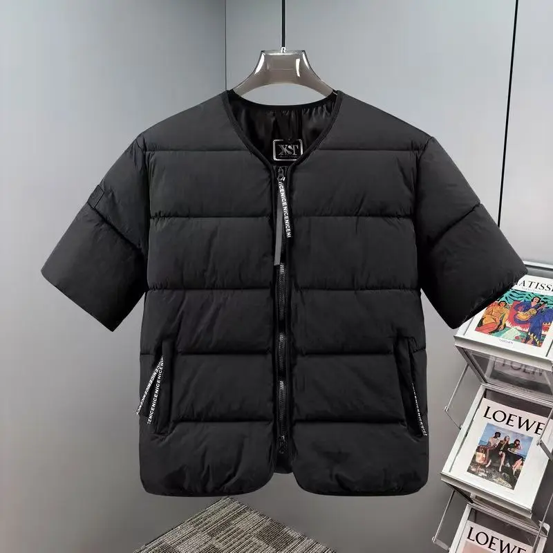 

New Korean Couple Half-sleeved Cotton Padded Jacket for Autumn Winter Warm Collarless Zipper Vest Parkas Men Trendy Outerwear