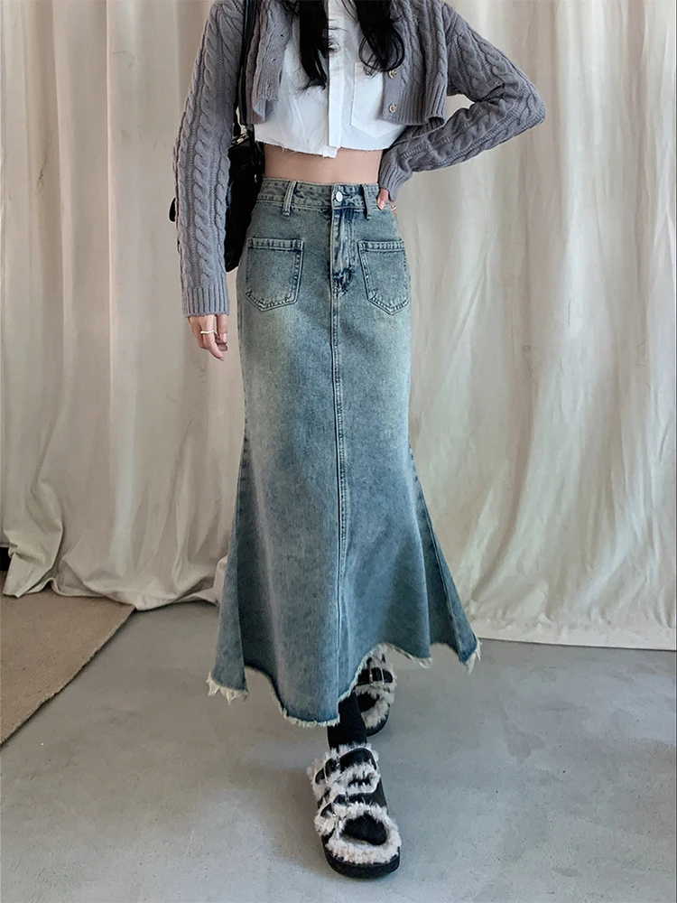 

2023 New Front Split Women's Denim Long Skirts High Wasit Blue Mermaid Jeans Skirts Female Chic A-Line Fishtail Skirts