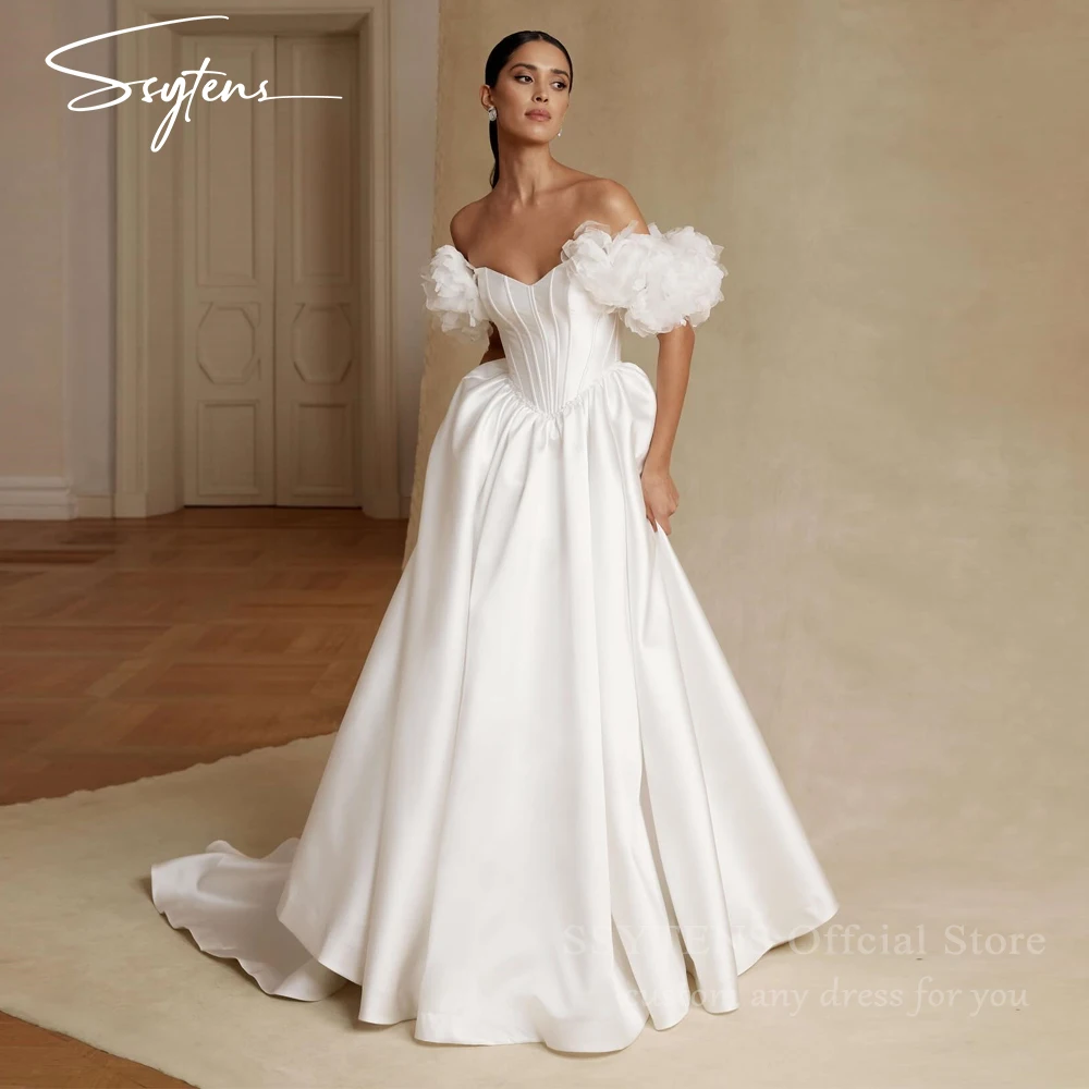 

SSYTENS Ivory A Line Wedding Dresses Off the Shoulder Princess Bride Dress Custom Made Ruched Satin Long Civil Bridal Gowns Plus