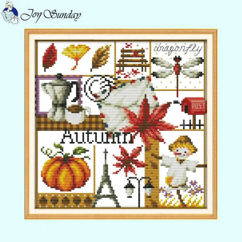 Joy Sunday Four Seasons Cartoon Series Pattern Cross Stitch Set Aida 14ct 16ct Needlework Embroidery DIY Kids Crafts Sewing Kit